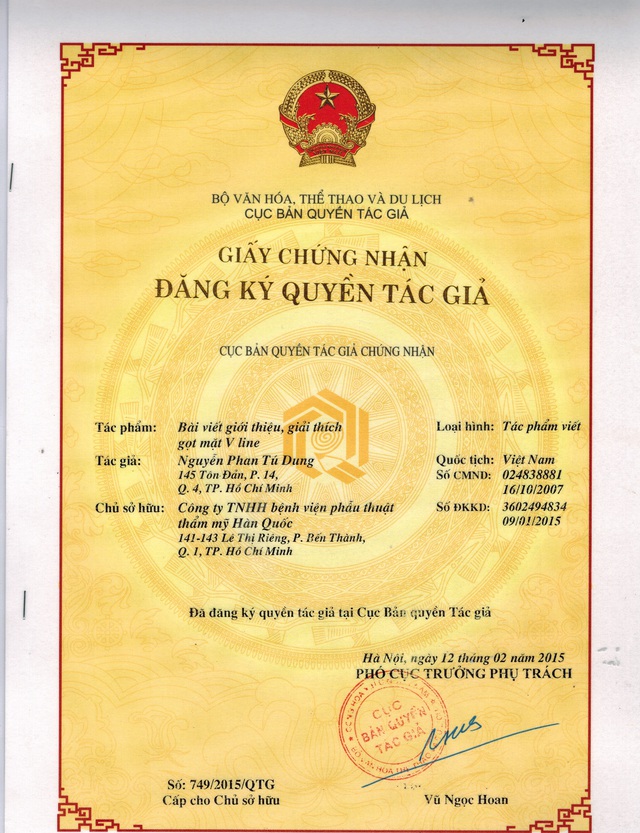 TS. BS. Nguyễn Phan Tú Dung được Cục bản quyền tác giả của Bộ Văn hóa, Thể thao và Du lịch chứng nhận tác quyền gọt mặt V line đầu tiên tại Việt Nam
