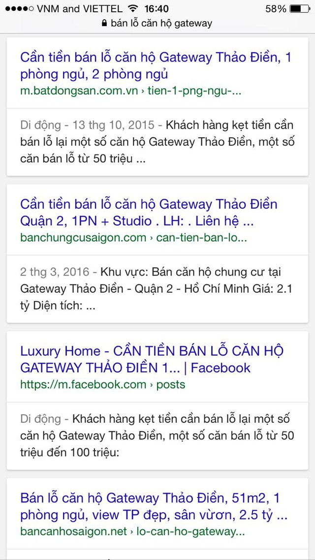 
Khách hàng mua căn hộ tại dự án Gateway Thảo Điền rao bán lỗ tràn lan trên mạng.
