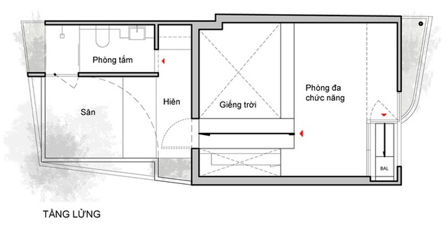 Tầng lửng bố trí phòng đa chức năng có thể là nơi tiếp đón bạn bè, ngủ nghỉ của khách tới chơi... Khoảng sân, hiên, giếng trời giúp cho tầng lửng có nhiều ánh sáng tự nhiên - điều không có trong ngôi nhà cũ.