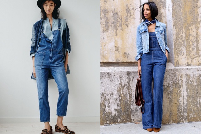 Quần yếm và áo khoác cùng chất liệu denim là cách phối đồ mới mẻ trong năm nay cho những ai theo đuổi phong cách retro. Một bên quai áo có thể tháo ra nhằm nhấn nhá nét phóng khoáng, bụi bặm.