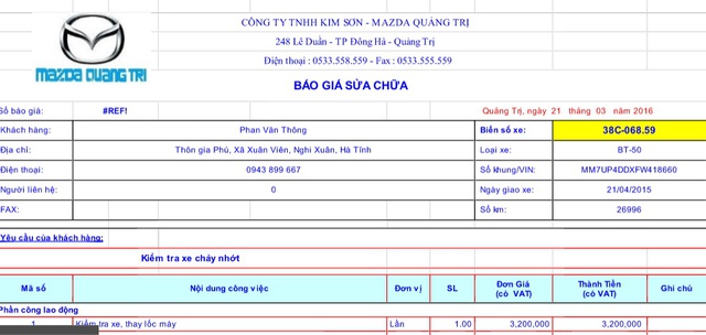 Mazda có động thái lạ gửi bảng báo giá cho anh Thông dù anh chưa hề yêu cầu. Ảnh C.T