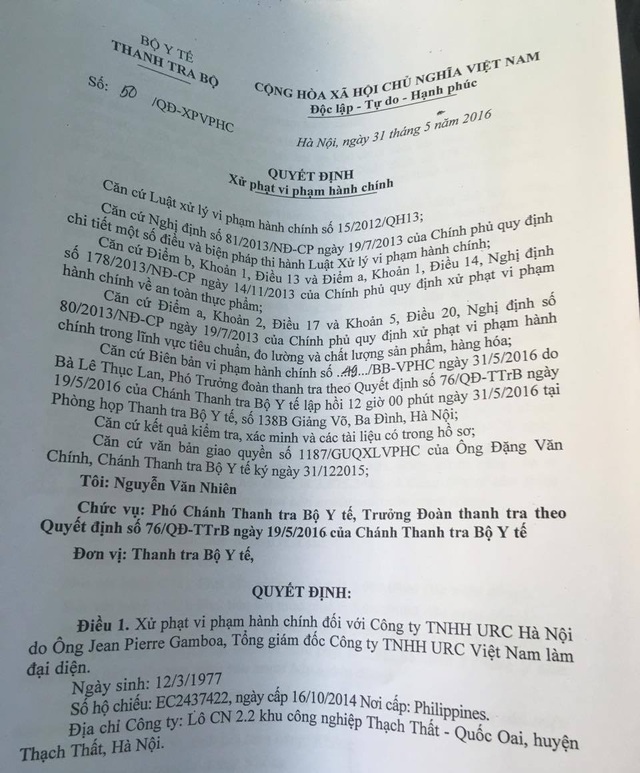 
Hôm nay, 31/5, Thanh tra Bộ Y tế đã ra quyết định xử phạt công ty URC. Ảnh: T.N
