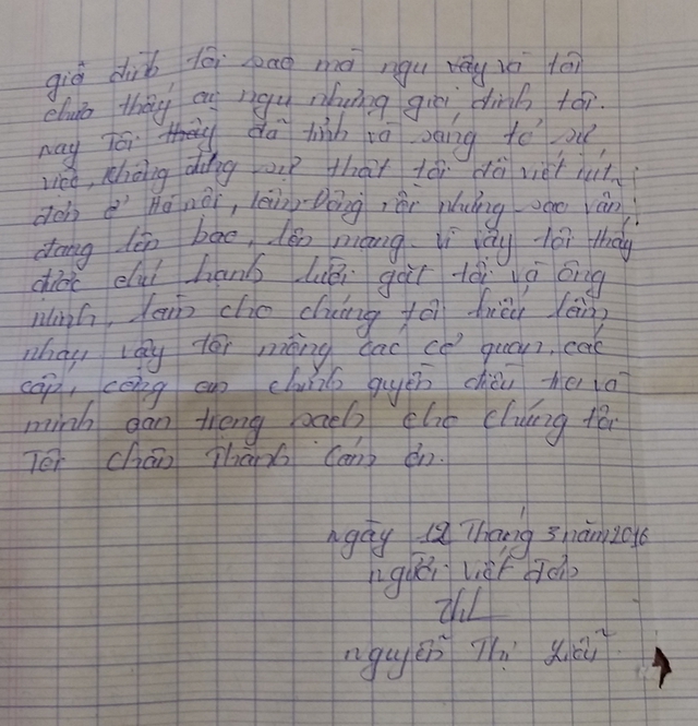 Lá thư của chị Nguyễn Thị Liễu gửi các cơ quan chức năng cho rằng, mình bị xúi giục viết đơn tố cáo.