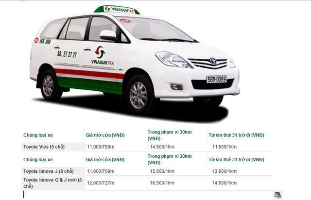 Bảng giá được niêm yết trước đây đến nay vẫn có hiệu lực của hãng taxi Vinasun. Ảnh chụp màn hình