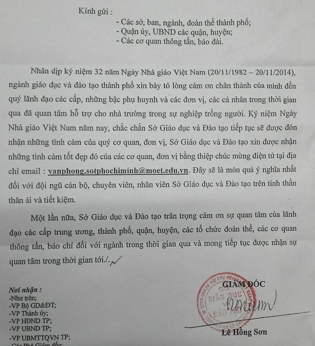 Công văn xin được chúc mừng Ngày nhà giáo Việt Nam qua thư điện tử của Sở GD&ĐT TPHCM.