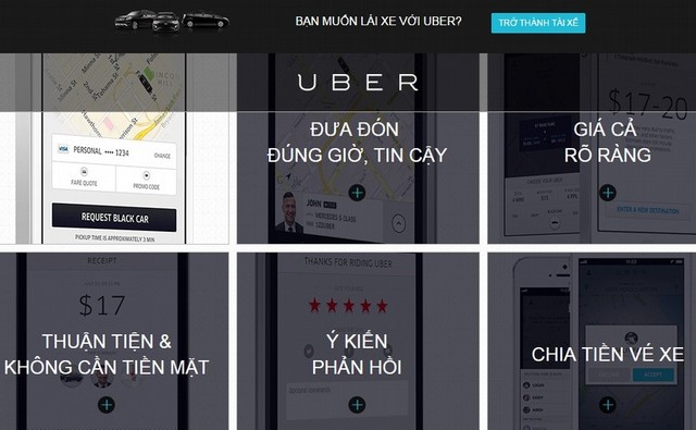 Trang chủ của Uber hiển thị tiếng Việt nhằm thu hút đối tác và người đi xe, dù bản thân Uber chưa hiện diện tại Việt Nam theo đúng quy định. Lối kinh doanh thiếu tôn trọng quốc gia sở tại khiến Uber vấp phải làn sóng tẩy chay.