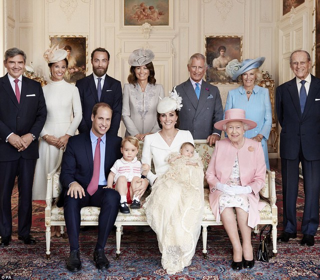 The first official pictures of baby Charlottes christening - taken by Dianas favourite photographer Mario Testino - have been released. Back row (L-R) Michael Middleton, Pippa Middleton, James Middleton, Carole Middleton, Prince Charles, the Duchess of Cornwall, the Duke of Edinburgh. Front row (L-R) Prince William, Prince George, the Duchess of Cambridge with Princess Charlotte and the Queen