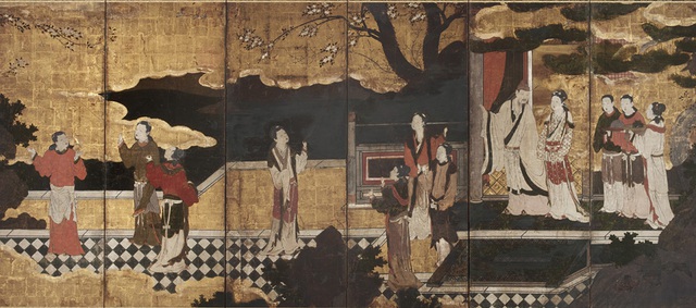 Đường Minh Hoàng và Dương Quý phi, đứng trên sân thượng. Tranh vẽ bởi Kanō Eitoku (1543–1590)