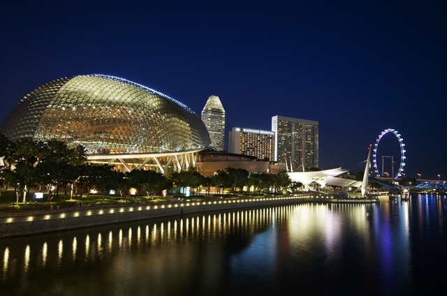 Đơn vị thiết kế tổ hợp này là công ty kiến trúc Michael Wilford &Partners (MWP) có trụ sở tại London cùng công ty kiến trúc của Singapore là DP Architects (DPA). Tổng kinh phí xây dựng tổ hợp này là 600 triệu SGD (đô la Sing), được chính thức khai trương ngày 12/10/2002. Nhà hát trung tâm của Esplanade có sức chứa 2.000 chỗ, có sân khấu lớn nhất Singapore, phòng hòa nhạc có sức chứa 1.600 chỗ.