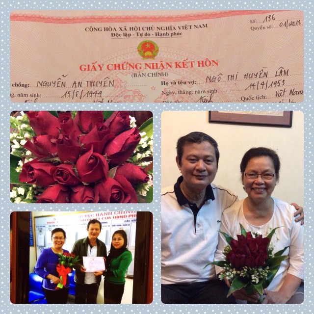 Bức ảnh kỷ niệm về ngày nhận giấy kết hôn lần hai của vợ chồng nhạc sĩ An Thuyên do con gái Bông Mai chụp.