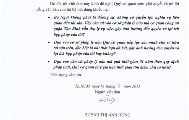 Nội dung đơn khiếu nại của chị Hồng đối với công an quận Tân Bình.