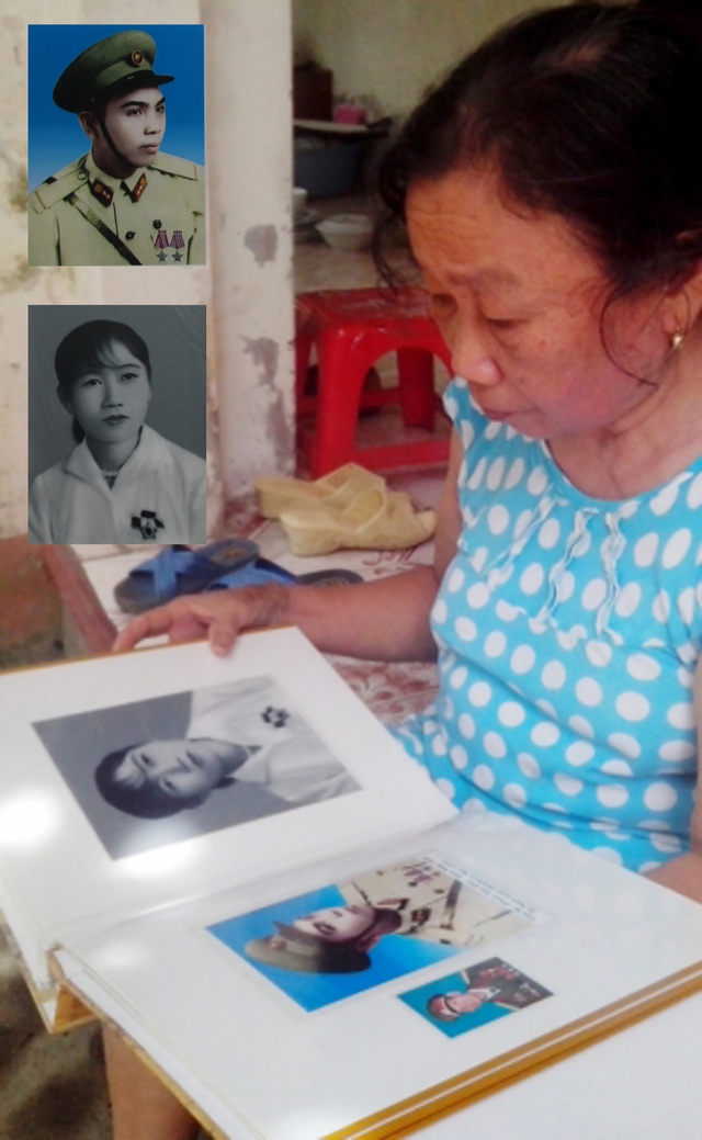 Bà Vân đang lật giở lại trang nhật kí cũ.  Hai bức ảnh của bà Vân và liệt sĩ Phạm Văn Quý thời trẻ (ảnh nhỏ).	Ảnh: P.B