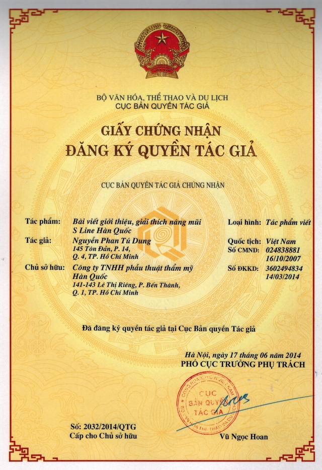 TS.Bs Nguyễn Phan Tú Dung là bác sĩ đầu tiên và duy nhất nhận chứng nhận đăng ký tác quyền về kỹ thuật nâng mũi S line tại Việt Nam