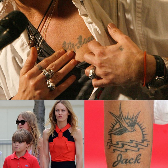 Johnny Depp trân trọng từng khoảnh khắc 2 đứa con Jack và Lily – Rose ra đời. Ngôi sao Cướp biển vùng Caribe xăm tên con gái trên ngực trái, gần tim, còn tên con trai Jack trên cánh tay.