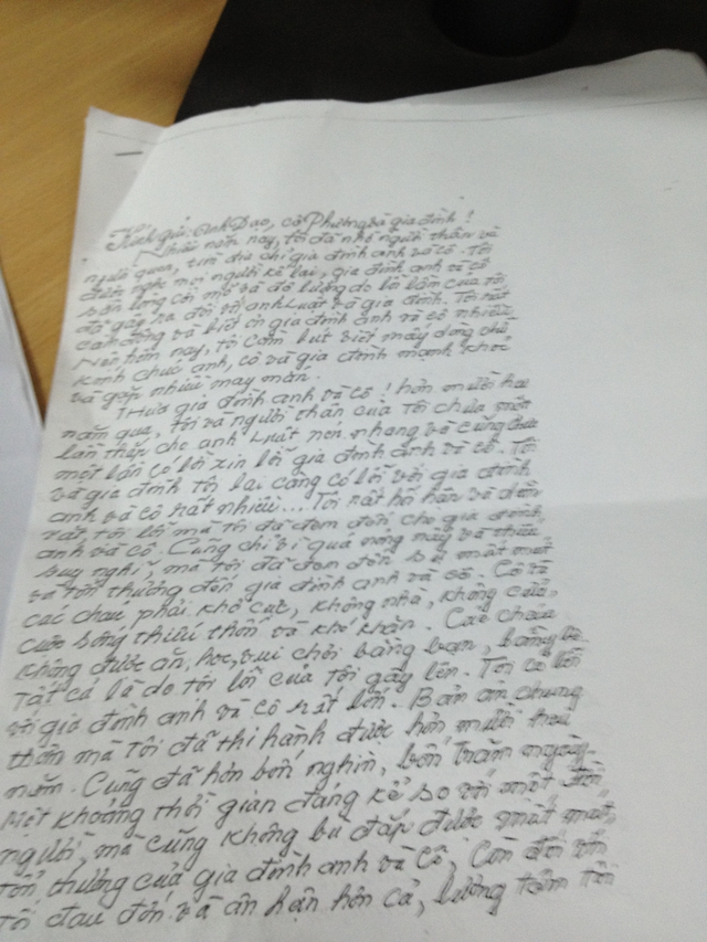 Bức thư sám hối của tù nhân Sơn gửi cho người thân của nạn nhân Luật.