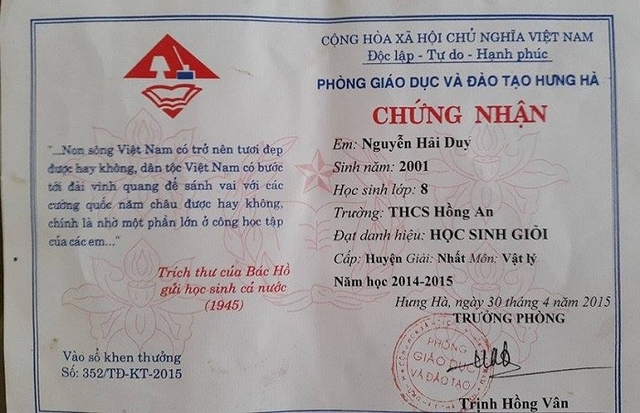 Giấy chứng nhận Duy đạt giải Nhất môn Vật lý cấp huyện năm học 2014 - 2015.