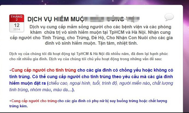 Dịch vụ môi giới mang thai hộ công khai trên mạng (ảnh chụp màn hình).