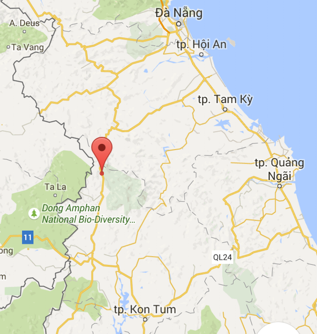 Đèo Lò Xo (đánh dấu đỏ) giáp ranh giữa hai tỉnh Quảng Nam và Kon Tum - nơi xảy ra tai nạn kinh hoàng
