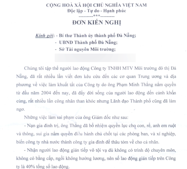 Đơn kiến nghị (ký tập thể, ngày 6/8/2015)  của các công nhân gửi lãnh đạo TP Đà Nẵng. Ảnh Đức Hoàng