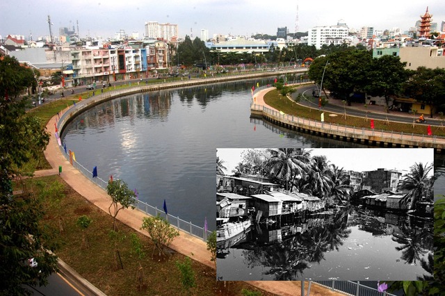 Kênh Nhiêu Lộc  - Thị Nghè, TP HCM xưa (ảnh nhỏ) và nay.  	Ảnh: Tuấn Vương
