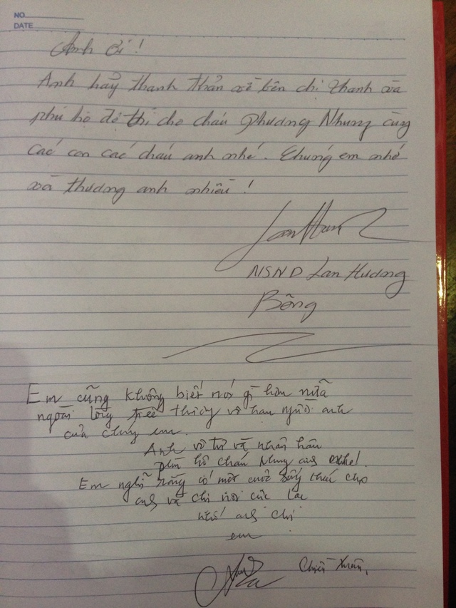 NSƯT Lan Hương viết: “Anh ơi, hãy thanh thản về bên chị Thanh và phù hộ độ trì cho cháu Phương Nhung và các con cháu anh nhé. Chúng em nhớ và thương anh nhiều”. NSƯT Chiều Xuân cũng ngẹn ngào ghi: “Em cũng không biết nói gì hơn nữa, ngoài lòng tiếc thương vô hạn người anh của chúng em. Anh vô tư và nhân hậu phù hộ cho cháu Nhung anh nhé. Em nghĩ rằng có một cuộc sống khác cho anh và chị nơi cực lạc. Nhớ anh chị”.