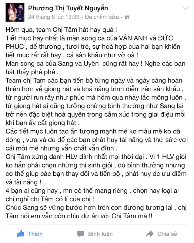 Rất nhiều dòng chia sẻ khen ngợi phần trình diễn của đội Mỹ Tâm