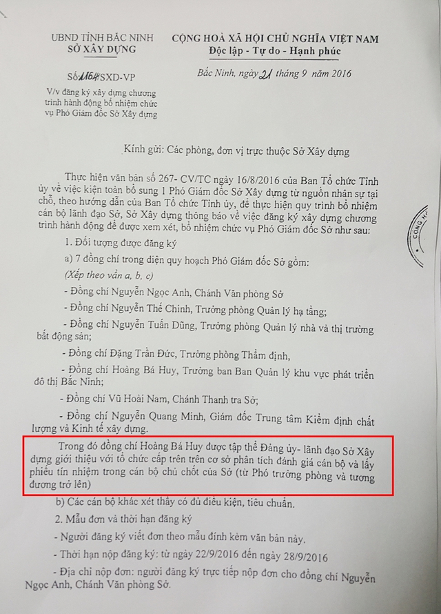 Văn bản do ông Cao Văn Hà, Giám đốc ký gửi các phòng, đơn vị thuộc Sở Xây dựng và dòng gợi ý ông Hoàng Bá Huy.