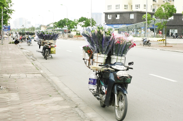 Hàng loạt xe máy bán hoa dạo trên đường Trung Văn.