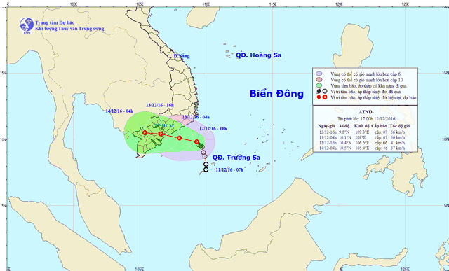 
Dự b&aacute;o đường di chuyển của &Aacute;p thấp nhiệt đới. Ảnh: TTDBKTTU.
