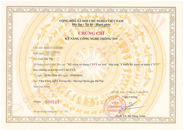 Chứng chỉ kỹ năng công nghệ thông tin theo mẫu mới.