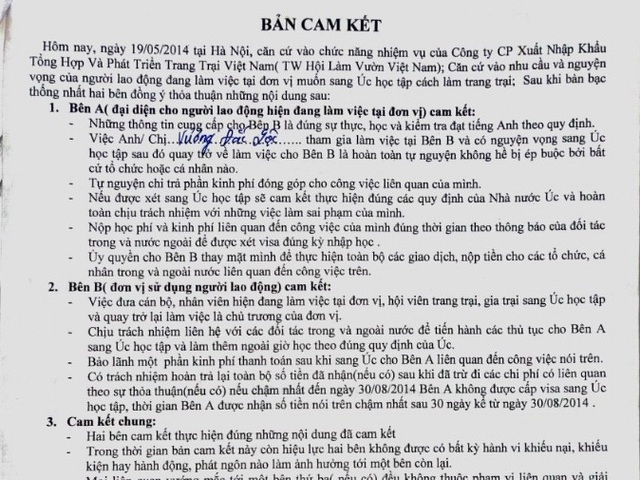 Biên bản cam kết do ông Hạnh ký, xác nhận sẽ bảo đảm học viên đi Úc đúng thời gian và học tập, làm ngoài giờ.