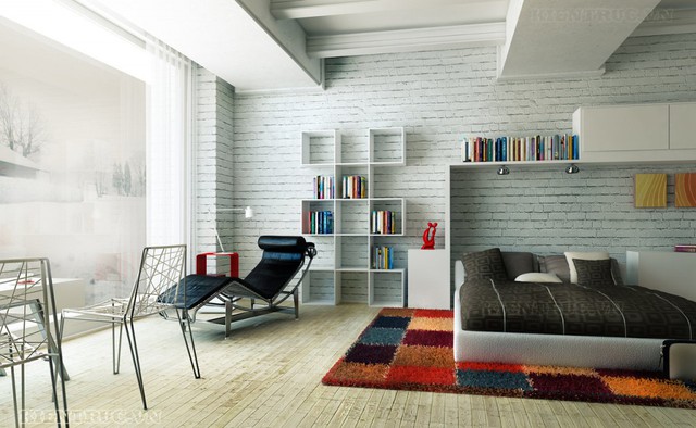 Sử dụng màu trắng làm gam màu chính kết hợp với tấm thảm làm điểm nhấn đem lại một không gian năng động, tươi vui. Vách kính lớn giúp bạn có thể tận dụng tối đa được ánh sáng tự nhiên vào trong phòng.