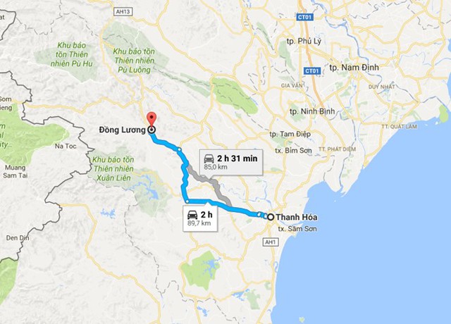 Hiện trường vụ &aacute;n c&aacute;ch TP Thanh H&oacute;a gần 100 km về hướng T&acirc;y. Ảnh: Google Maps.