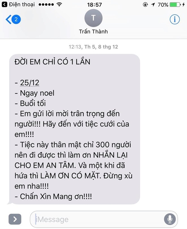 Hoa hậu Thu Hoài chia sẻ tin nhắn mời đám cưới khá hài hước của đàn em thân thiết Trấn Thành.