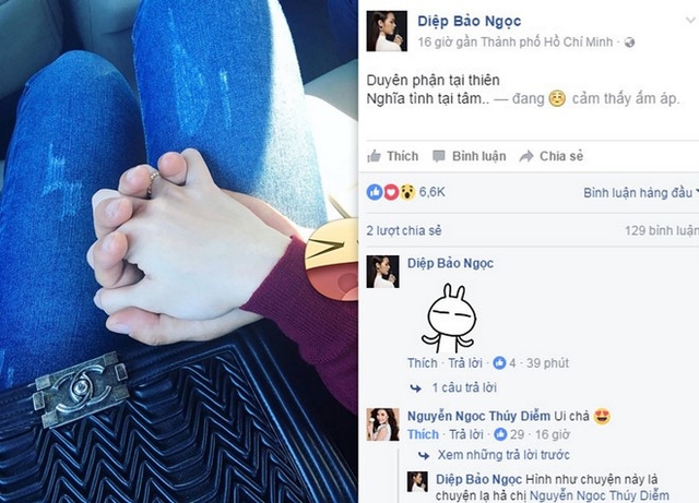 Diệp Bảo Ngọc khoe ảnh nắm tay bạn trai. Ảnh: Chụp m&agrave;n h&igrave;nh.