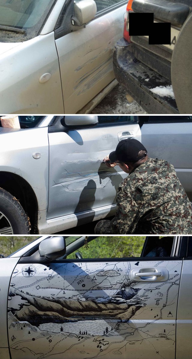 1. Thấy một xe tải đâm vào làm móp chiếc xe của mình, anh chàng người Nga này quyết định vẽ luôn một bức tranh phong cảnh lên đó.