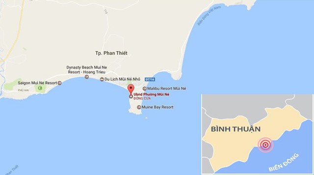 Bãi biển Mũi Né, nơi ngư dân đưa thi thể phụ nữ không quần áo trôi trên biển vào bờ. Ảnh: Google Maps.
