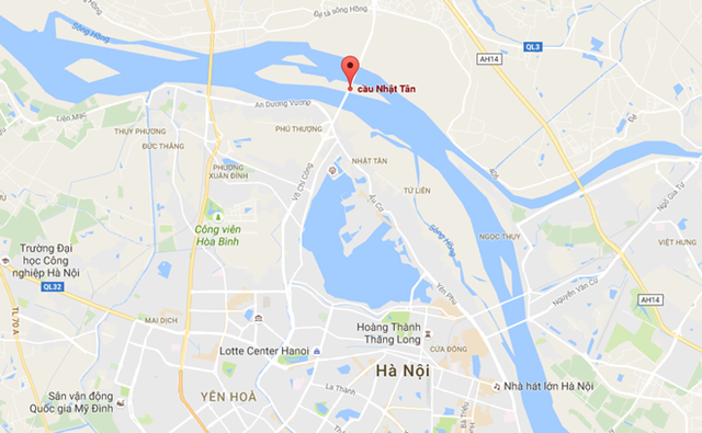Cầu Nhật T&acirc;n nối trung t&acirc;m H&agrave; Nội với s&acirc;n bay Nội B&agrave;i. Ảnh: Google Maps.