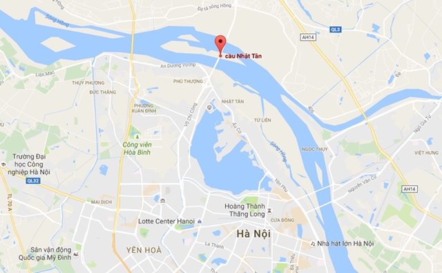 Cầu Nhật Tân nối trung tâm Hà Nội với sân bay Nội Bài. Ảnh: Google Maps.