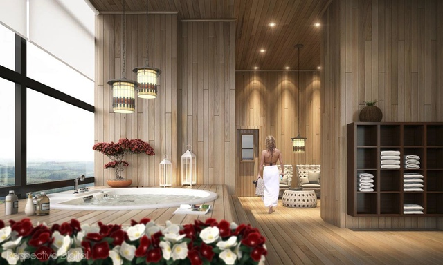 16. Thiết kế phòng tắm theo phong cách truyền thống của Brazil với toàn bộ tường và sàn nhà đều được ốp gỗ. Khu vực bồn tắm được thiết kế cao hơn so với sàn nhà, và tất nhiên, từ đây qua bức tường kính có thể bao quát toàn bộ cảnh quan xung quanh.