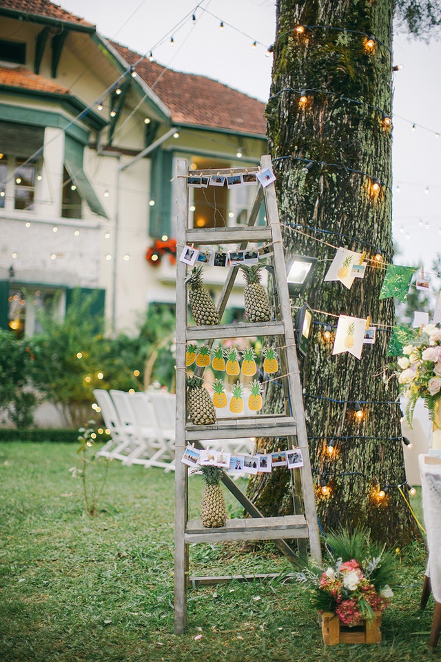 Phụ kiện trang tr&iacute; ch&iacute;nh xuy&ecirc;n suốt tiệc cưới ch&iacute;nh l&agrave; những quả dứa khiến bất kỳ ai tham dự tiệc đều cảm thấy v&ocirc; c&ugrave;ng th&iacute;ch th&uacute;.