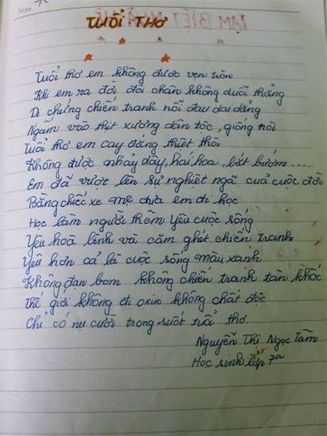 
Bài thơ mà chị Tâm đã viết về chính bản thân mình khi còn đang học lớp 7
