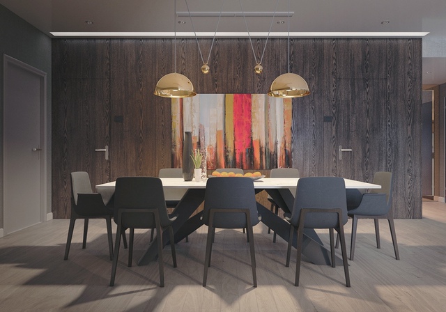 4. Không gian ăn uống với chủ đề màu đen, chiếc bàn màu trắng tương phản với toàn bộ nội thất trong phòng.