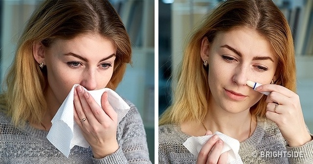 Nếu bạn liên tục bị hắt hơi, sổ mũi, việc dùng khăn lau thường xuyên khiến vùng da quanh mũi bị khô rát. Hãy lấy thỏi son dưỡng môi bôi vào vùng da bị kích thích để làm mềm da, giảm cảm giác đau khó chịu.