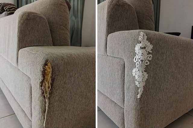 7. Ghế sofa bị rách ở góc ư? Chuyện nhỏ, chỉ cần miếng vải ren là xong ngay.