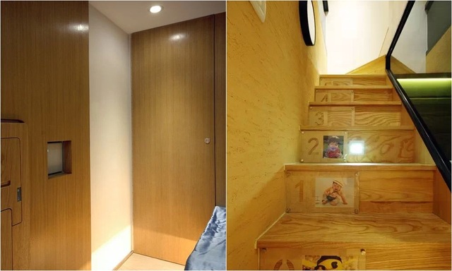 Lối vào nhà và cầu thang được chọn sử dụng chất liệu gỗ thân thiện, ấm cúng.