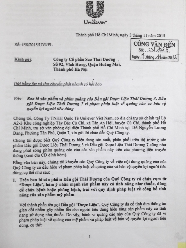 
Công văn của Unilever Việt Nam gửi công ty Sao Thái Dương.
