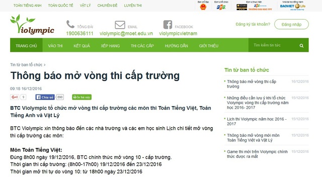 
Ban tổ chức Violympic thông báo trên website chính thức về thời gian thi cấp trường.
