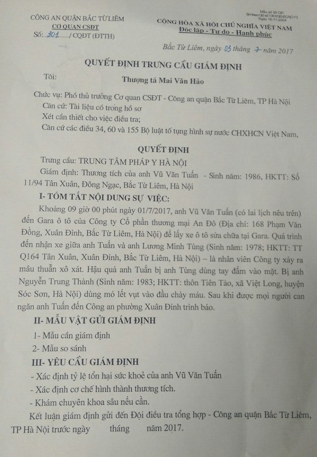 
Quyết định trưng cầu giám định của công an quận Bắc Từ Liêm.
