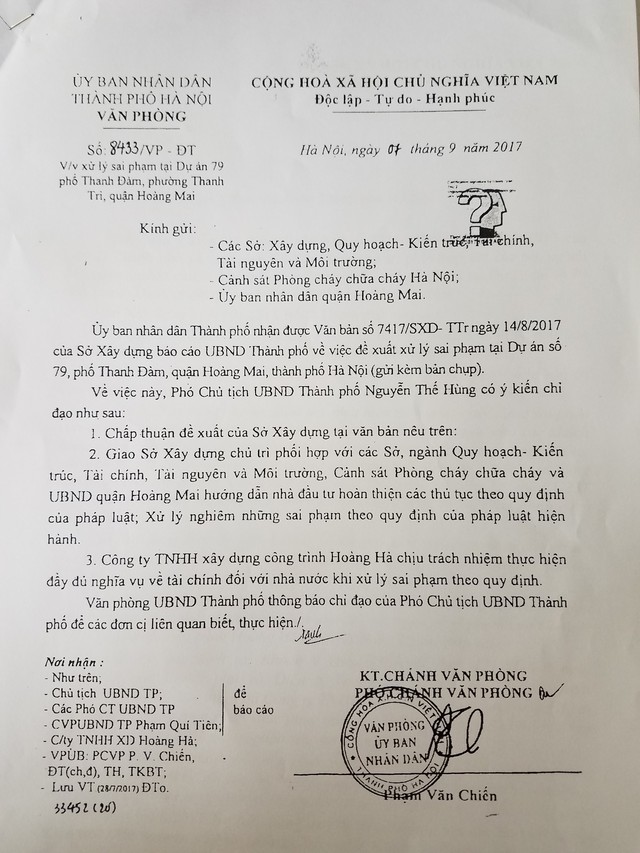 
Văn bản chấp thuận của UBND Thành phố Hà Nội về việc xử lý sai phạm tại Dự án 79 phố Thanh Đàm, phường Thanh Trì, quận Hoàng Mai.
